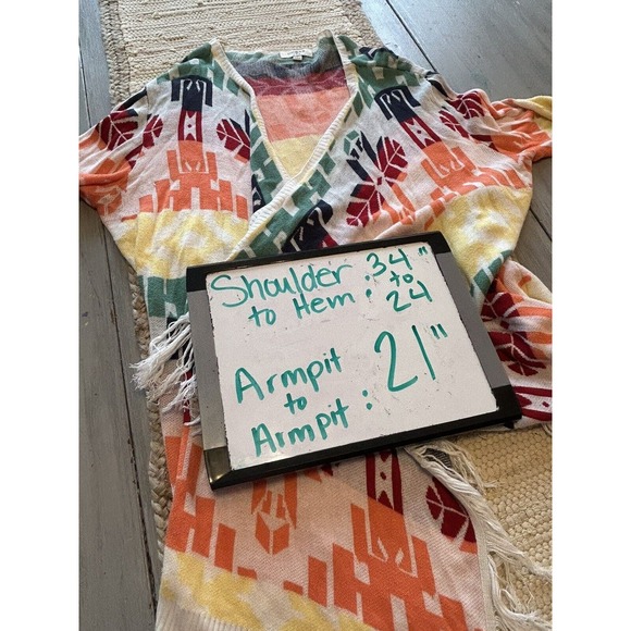 Umgee White Multi Rainbow Color Open Front Cardigan Sz M Fringe Southwest Aztec - Picture 8 of 9